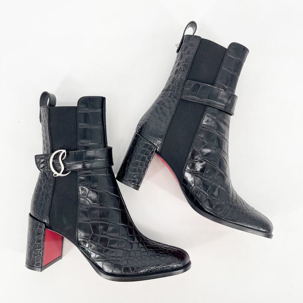 NWOB Christian Louboutin CL Chelsea Booty Black Croc Embossed Ankle Boots EU 37 - Picture 3 of 11